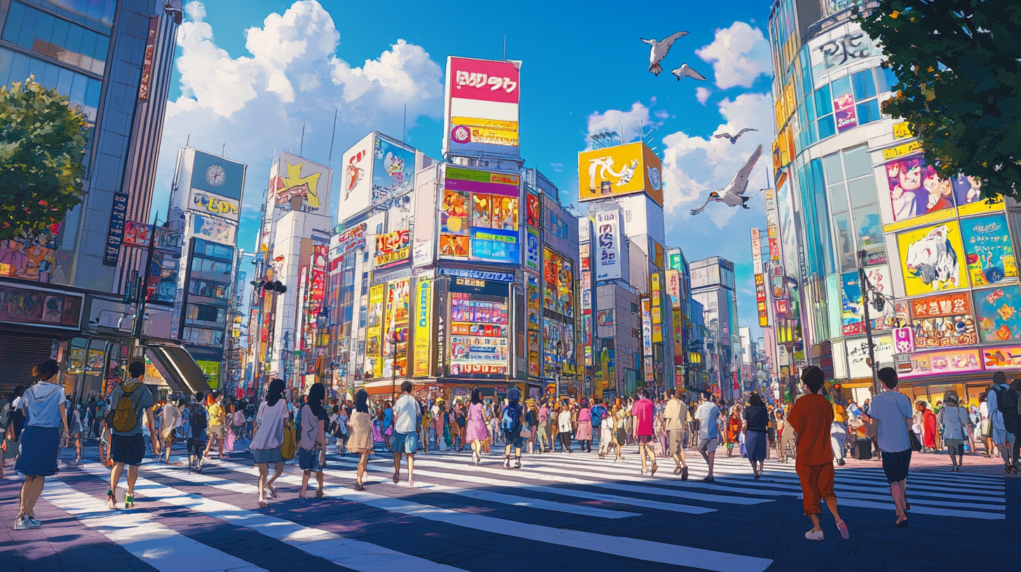 Busy Shibuya crossing filled with colorful people