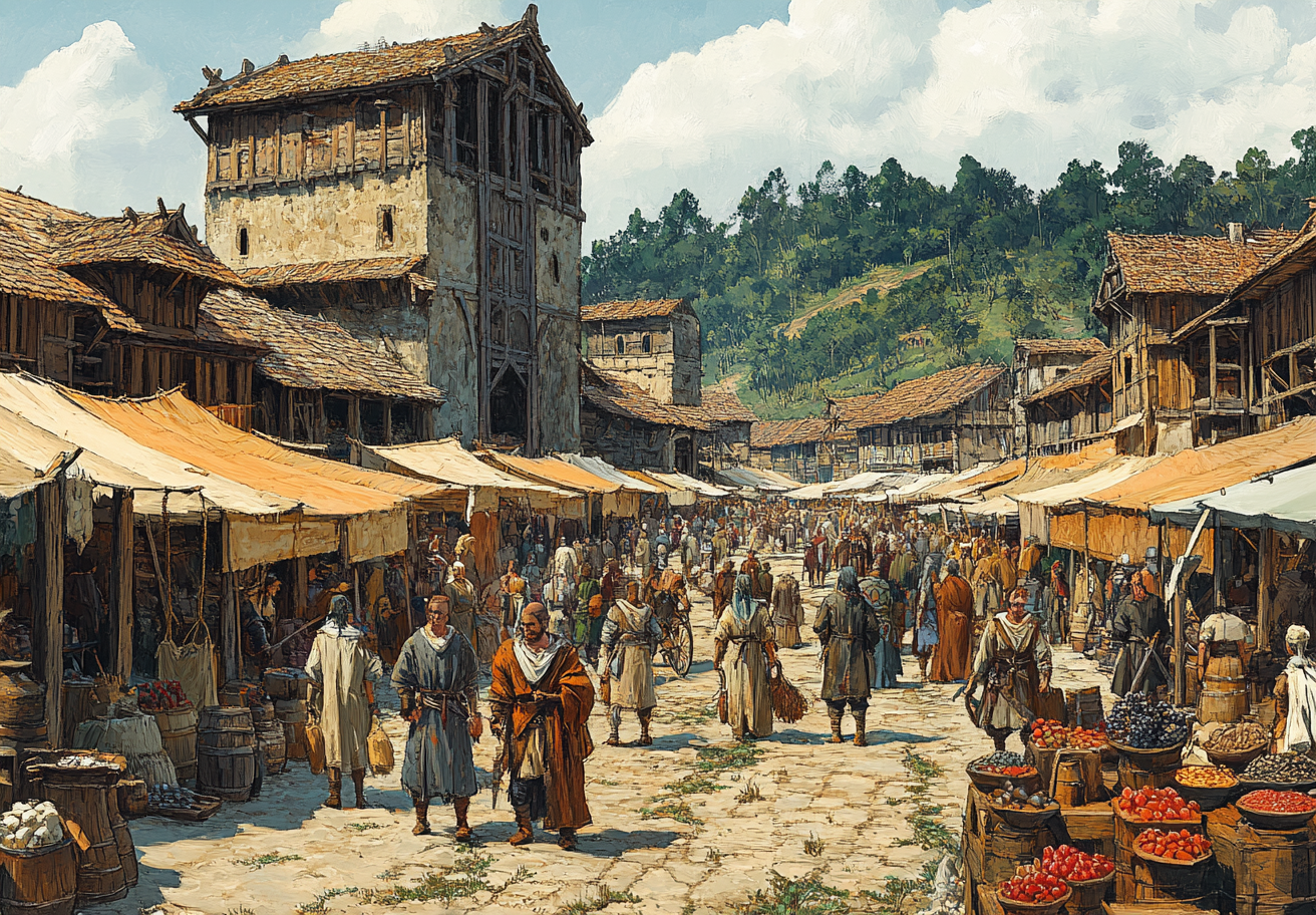 Busy Viking Market Square in Brazilian Jungle, 1540