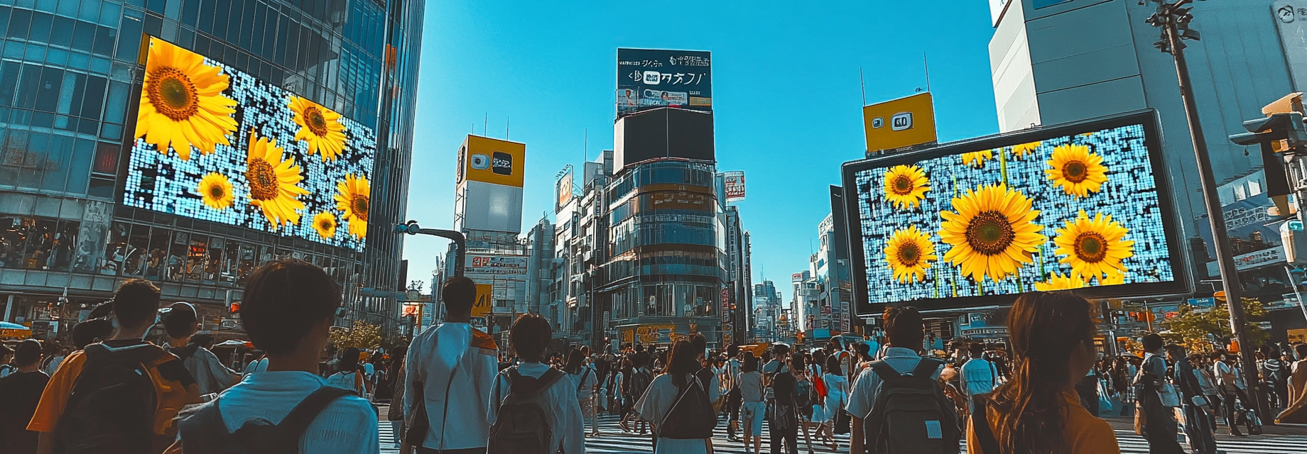 Busy city crossing with sunflower ads and modern buildings.