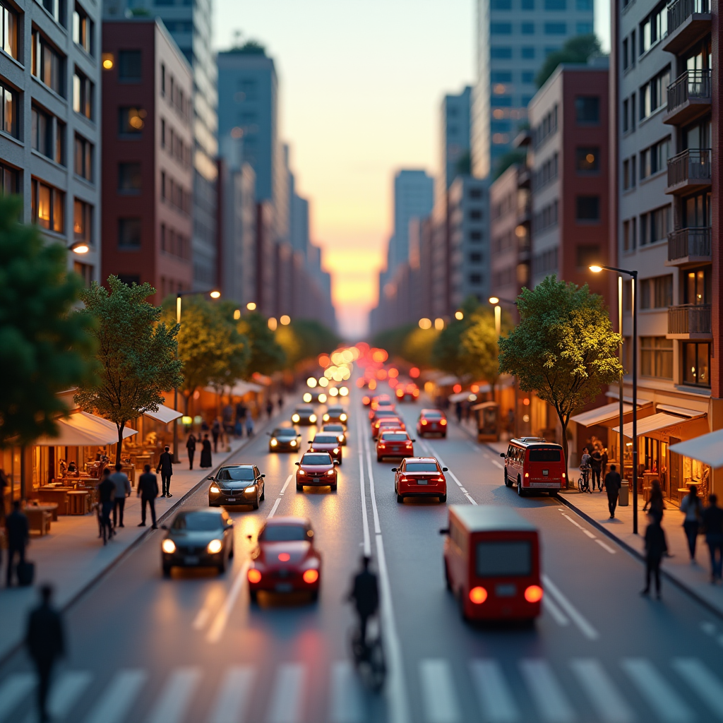 Busy city street at evening rush hour.