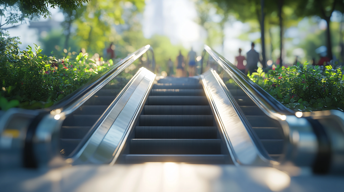 Busy escalator in sunny train station, detailed realism