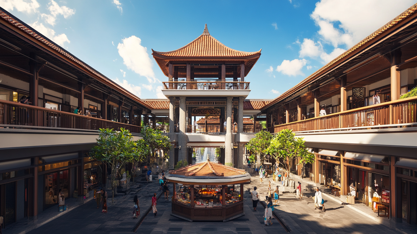 Busy modern Bali-themed retail building with food stalls