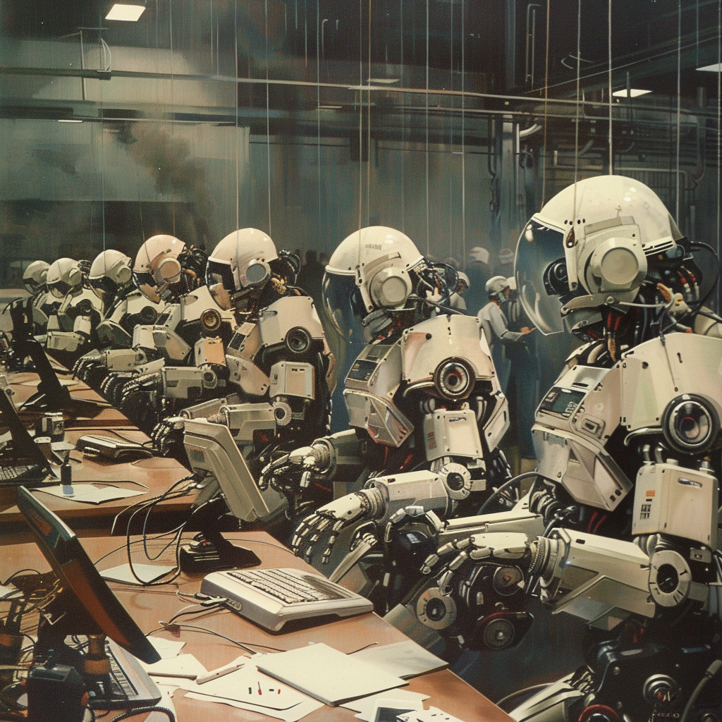 Busy news room with fearful journalists and robots.