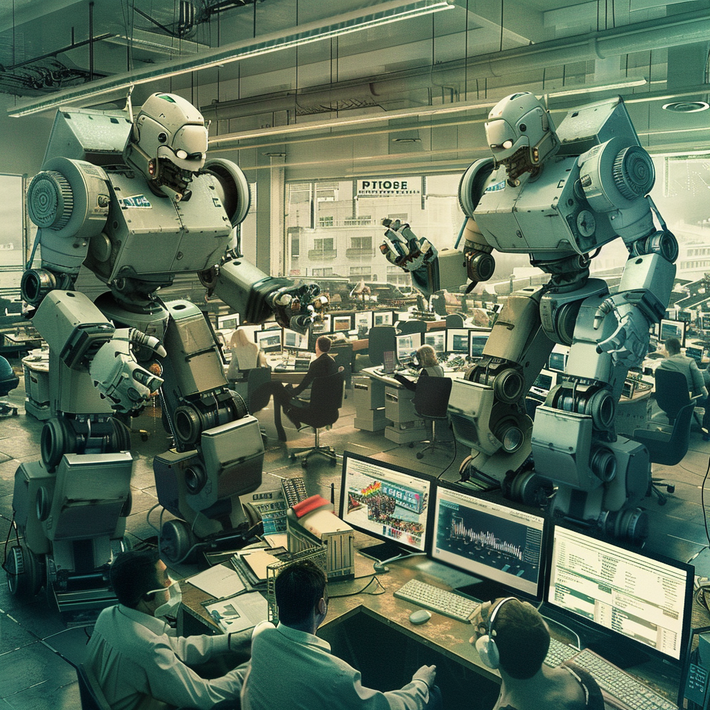 Busy newsroom, journalists cower in fear from robots.