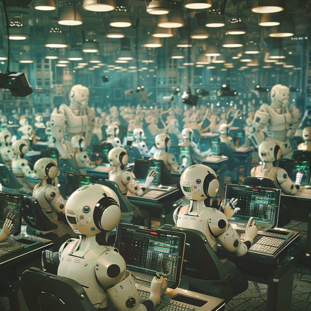 Busy newsroom with fearful journalists controlled by robots.