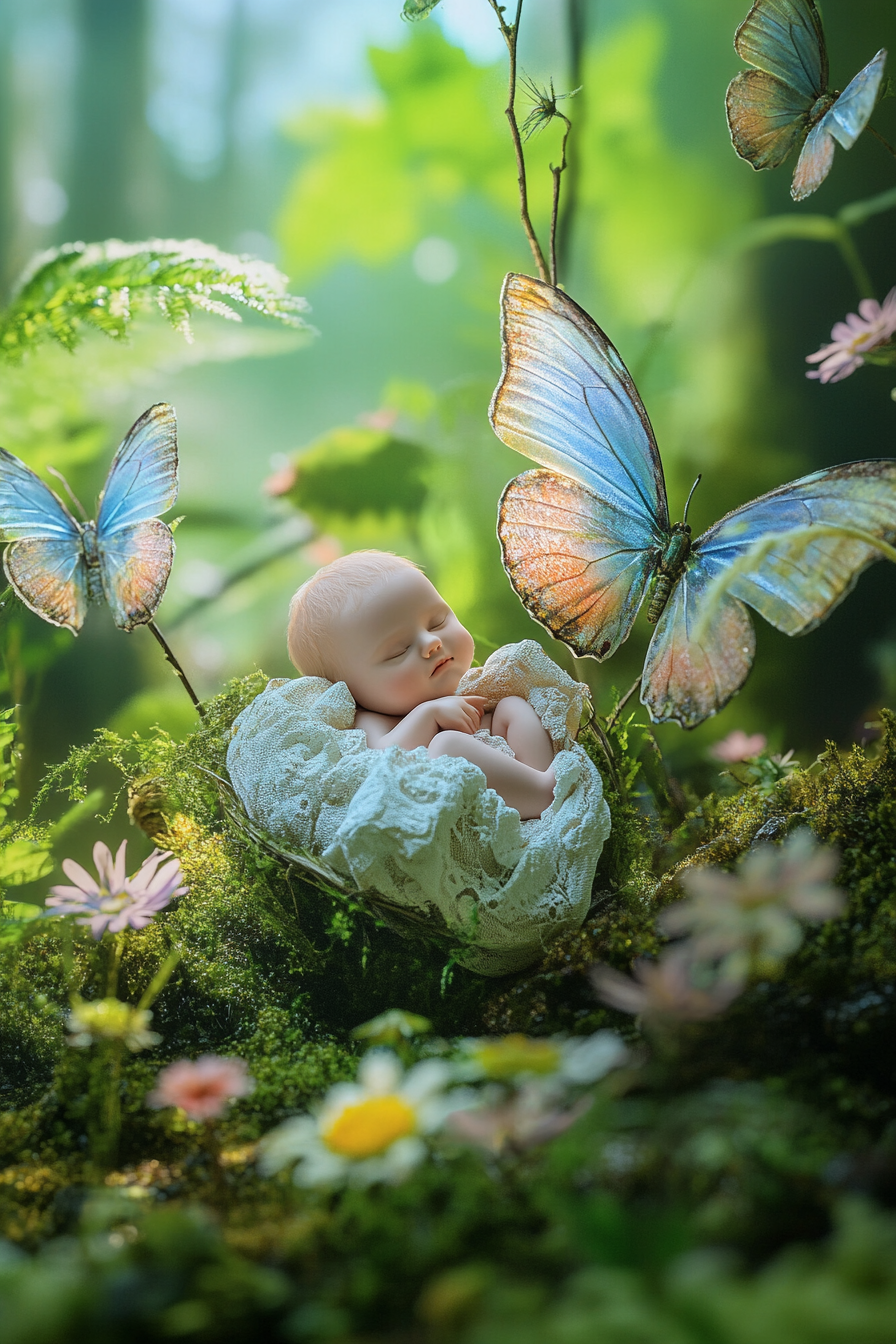 Butterflies Carry Sleeping Baby in Enchanted Forest