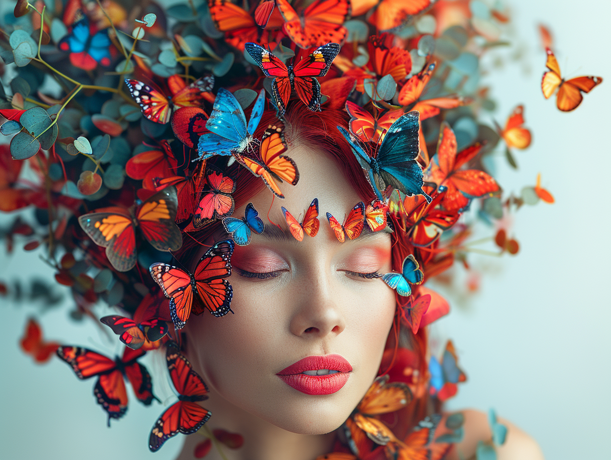 Butterfly-haired woman smiles, butterflies fly free, red lips.