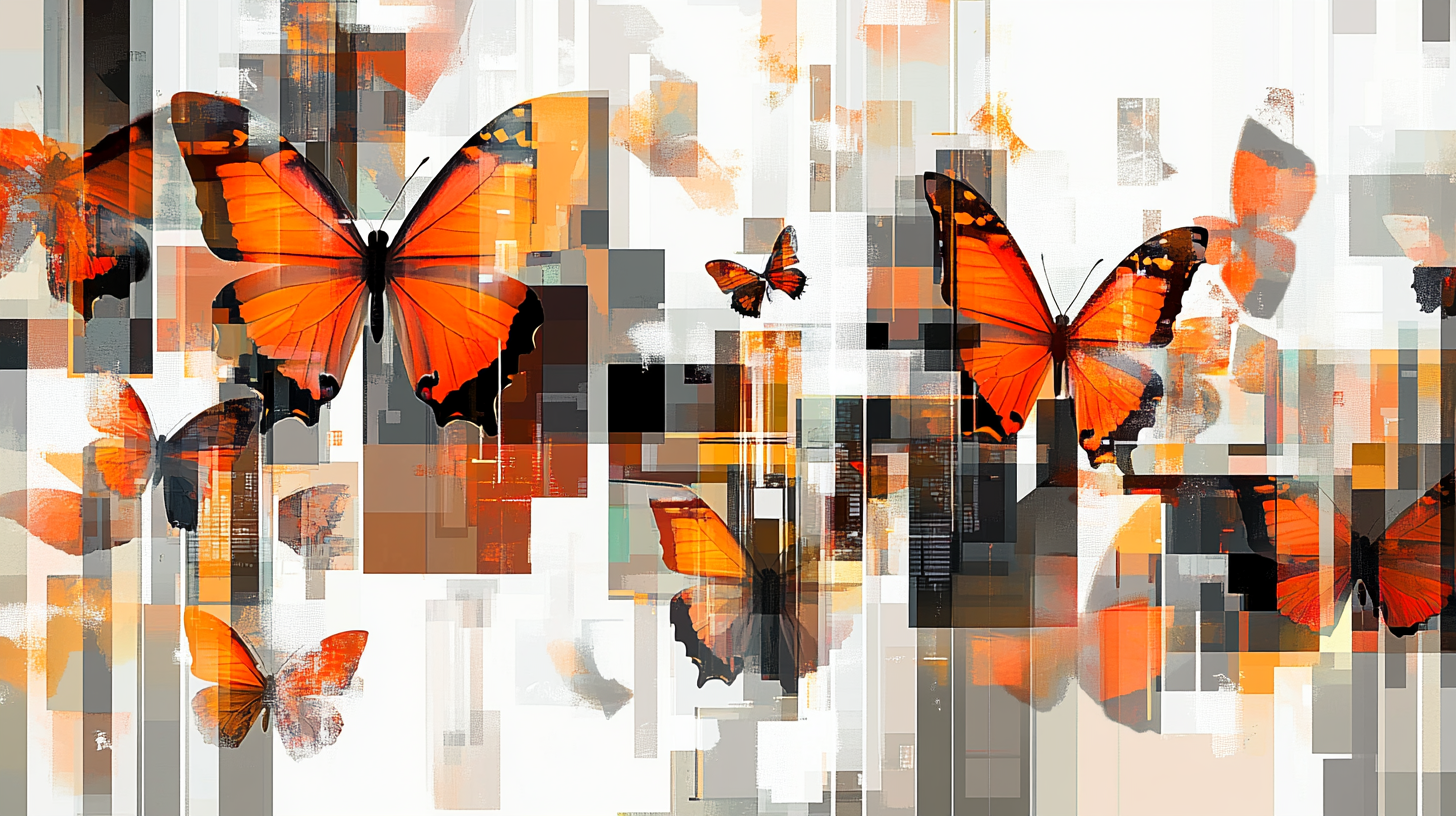 Butterfly mural shows human-computer connection, geometric design style.