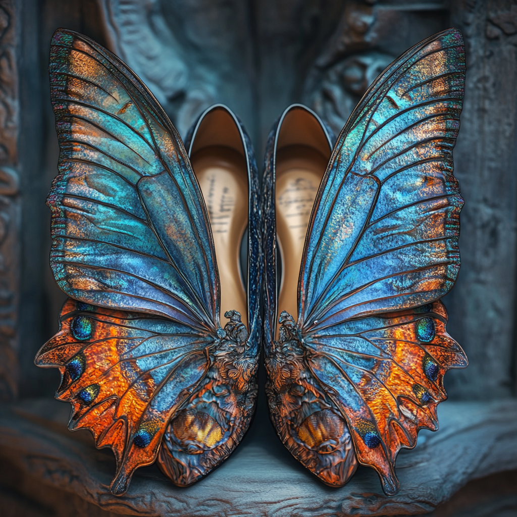 Butterfly wings embrace stylish shoes in magical fantasy.