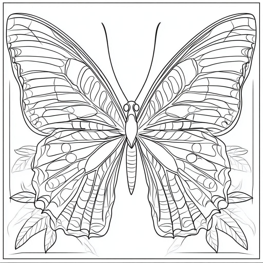 Butterfly with layered scales, thick outline, dark lines.