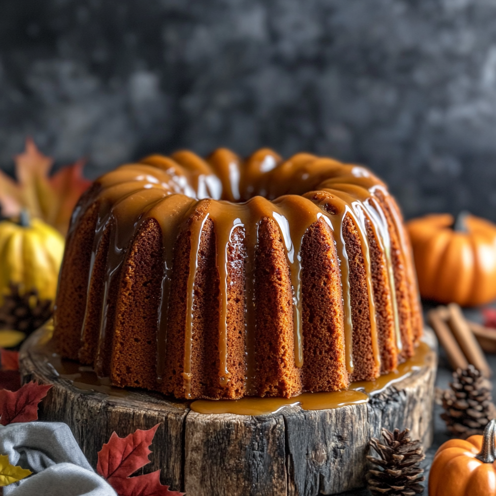 Buttermilk Pumpkin Pound Cake with caramel glaze on rustic board.