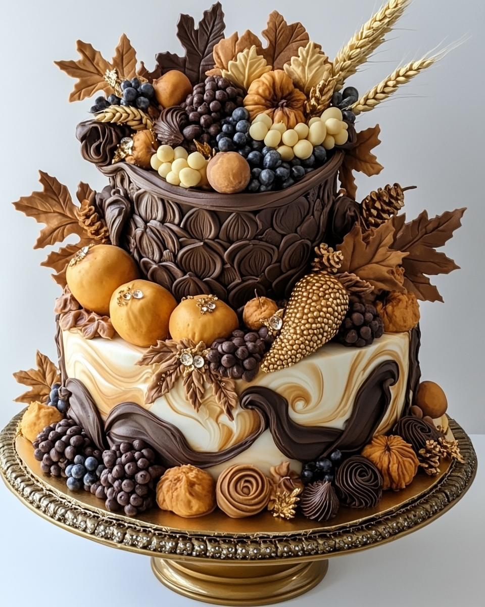 Butterscotch Thanksgiving Cornucopia cake with fruit and gold designs.