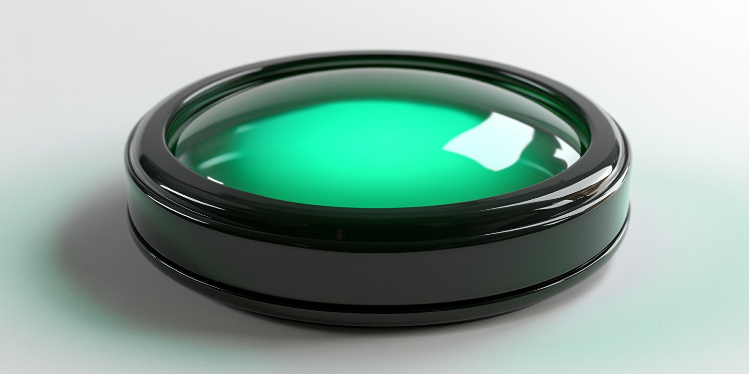 Button with green top LED light on black base.