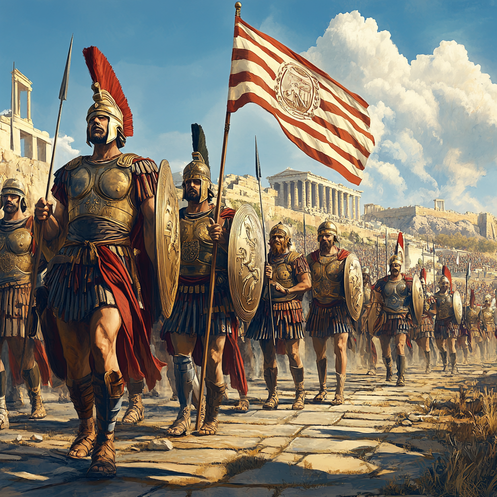 Byzantine, Ancient Greek, and Modern Greek Soldiers Protecting Acropolis