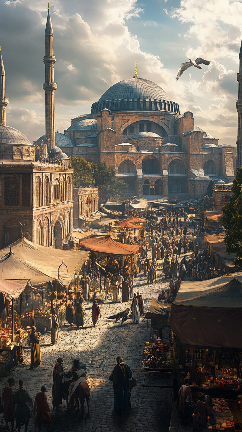 Byzantine architecture captured in bustling Constantinople market square.