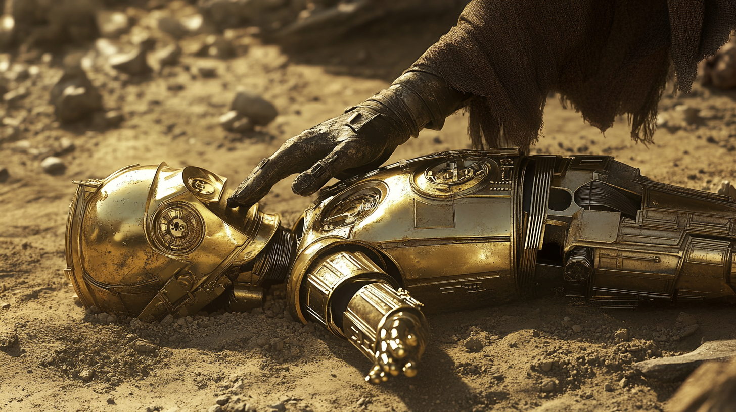 C3PO broken on floor, hand over heart, Star Wars.