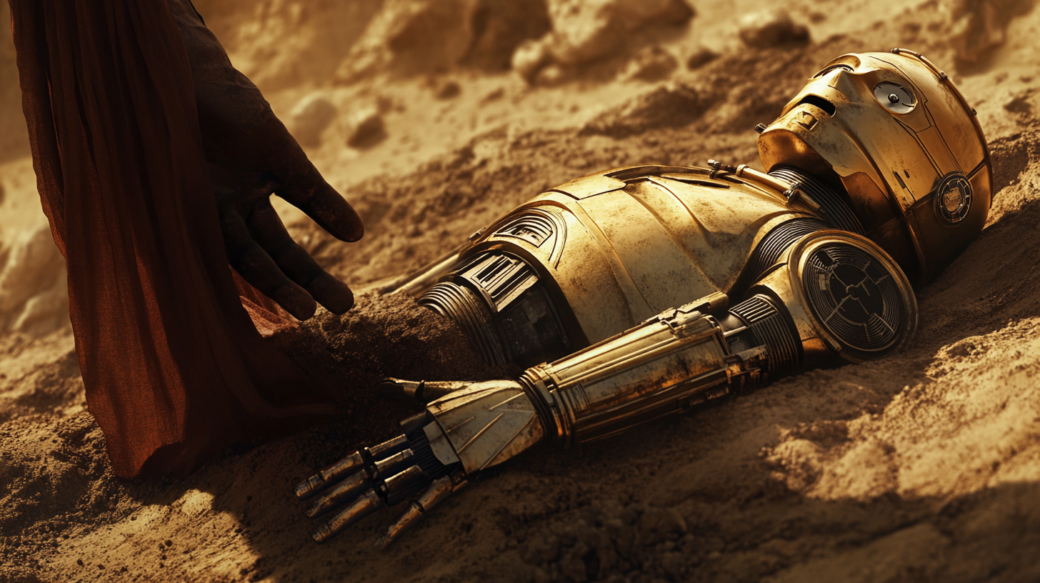 C3PO repaired by mysterious figure in desert landscape.