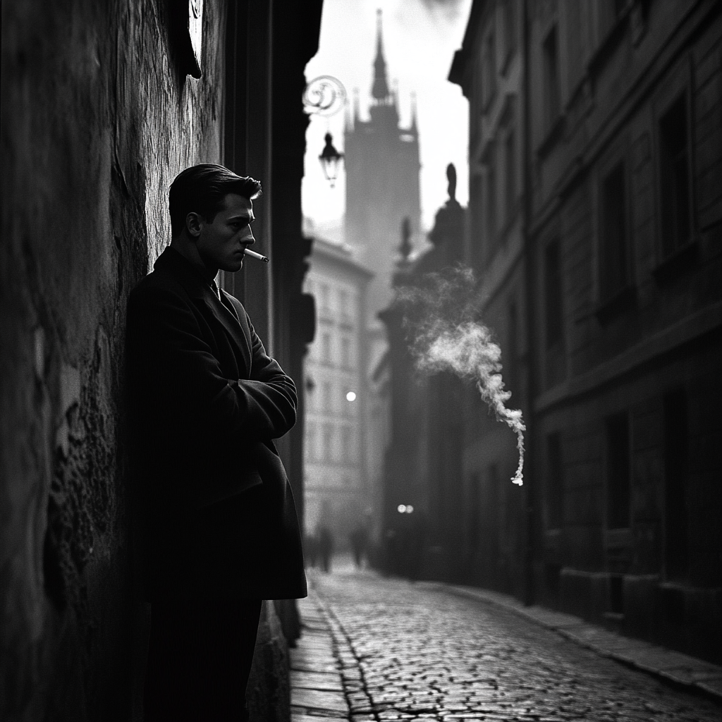 CIA agent spy in Prague smokes cigarette, watches street.