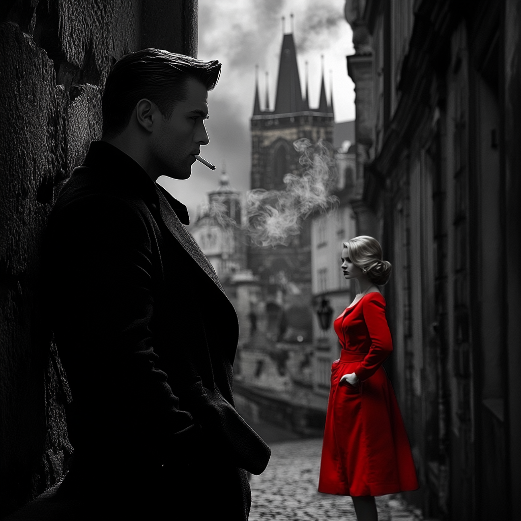 CIA agent spy in Prague smokes cigarette, woman approaches.