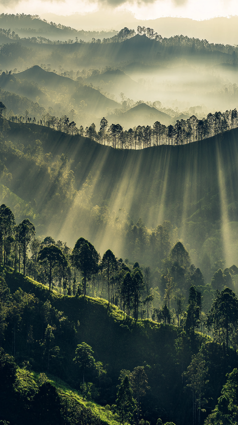 CIWIDEY view: Light rays, hills layers, strong telephotography. Sony Alpha.