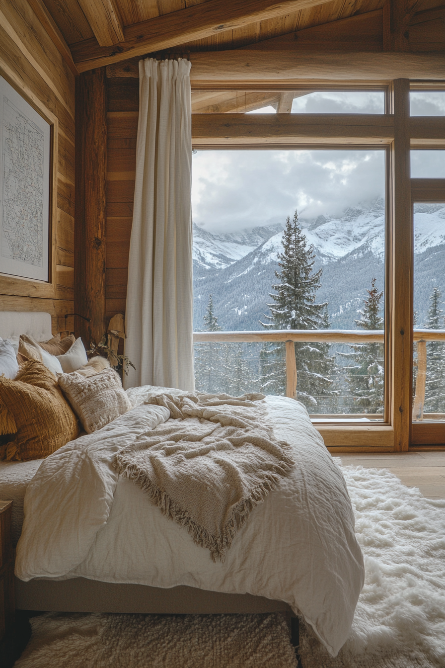 Cabin bedroom with mountain view, simple and elegant décor.