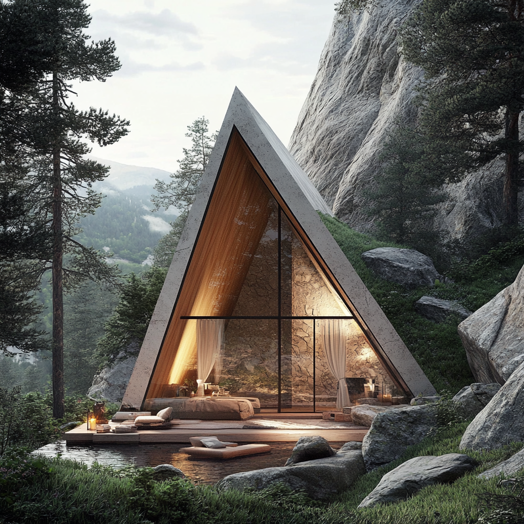 Cabin on angle, built in mountainside, window curtain faces up.