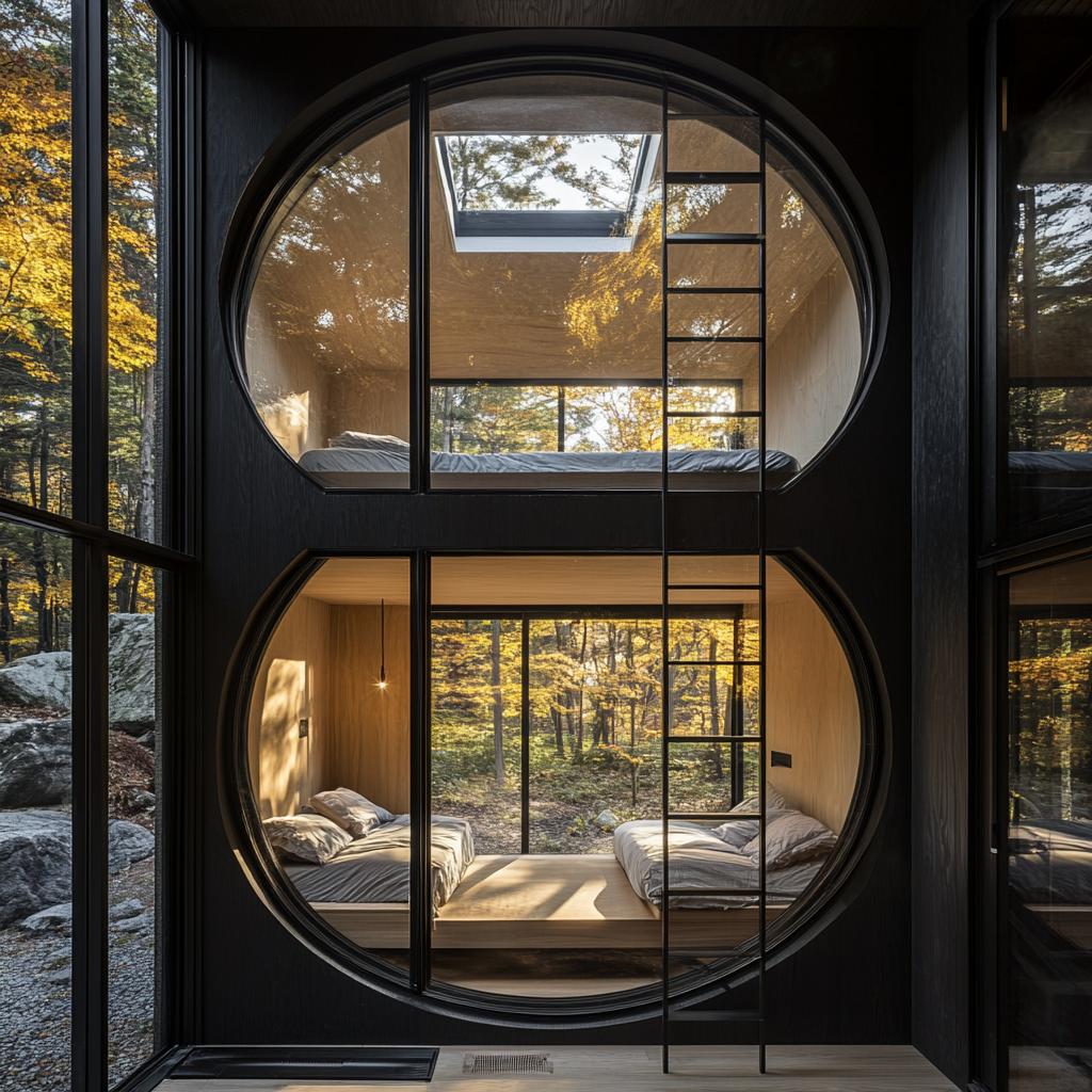 Cabin with glass room in middle, indoor garden.