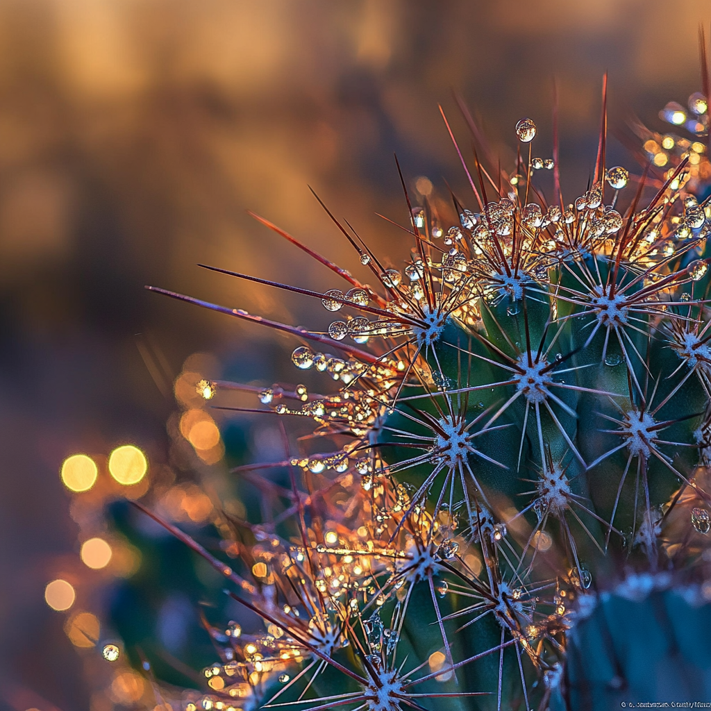 Cactus with dewdrops in morning sunlight