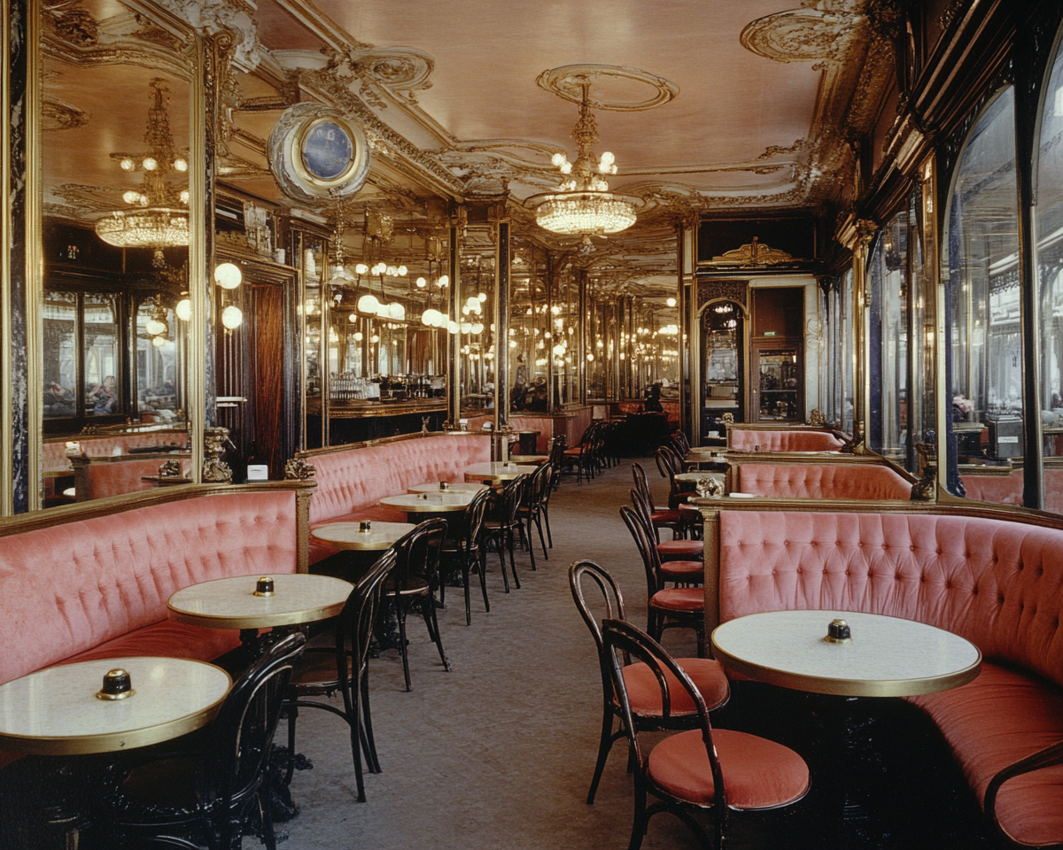 Cafe de Flore style intellectual cafe with circular tables.