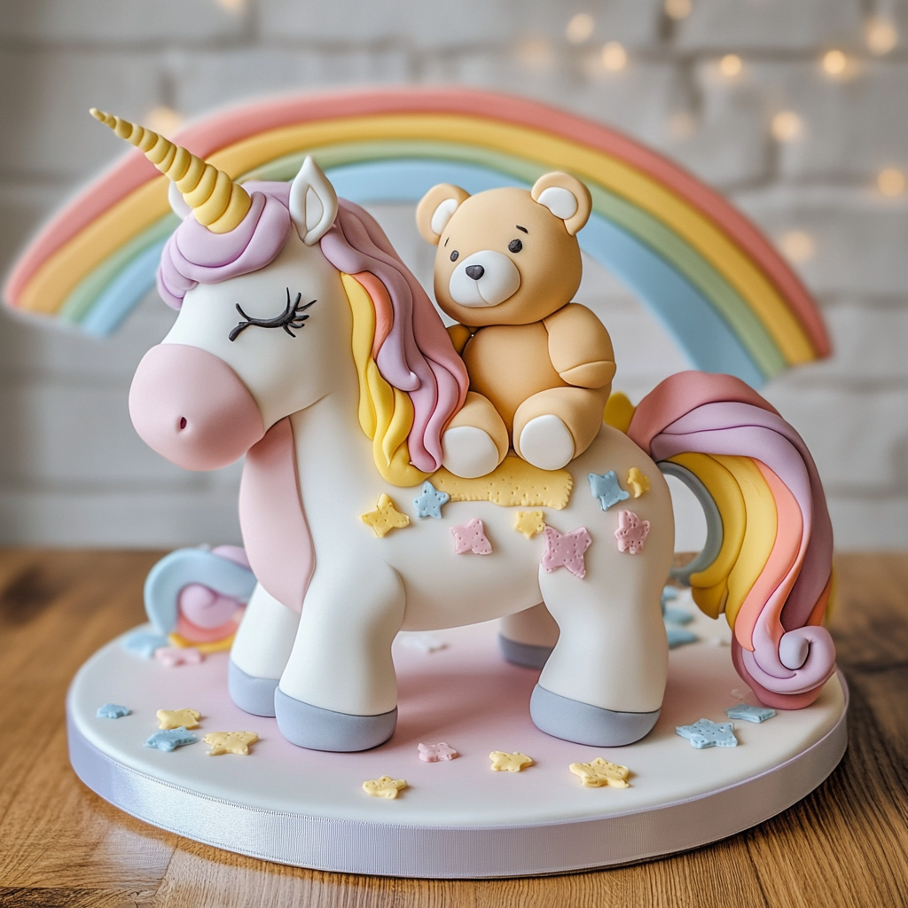 Cake unicorn with teddy bear, rainbow background.