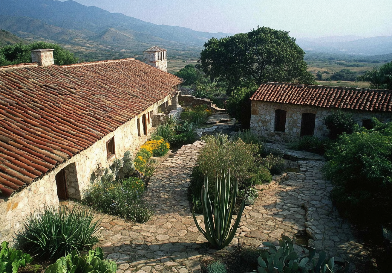 California Mission ranch, Frank Gehry design, courtyard, large windows.