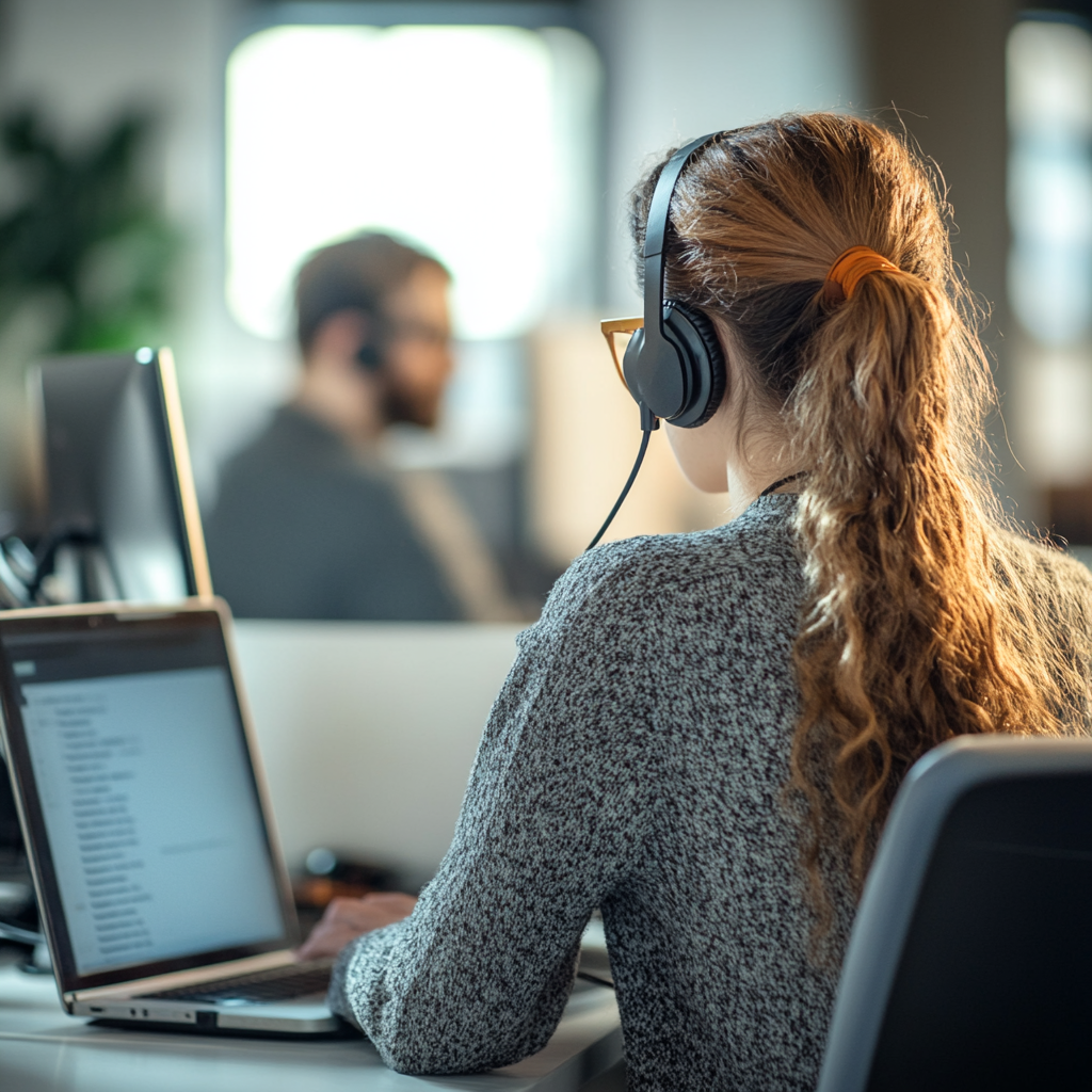 Call center worker on laptop and man on computer 