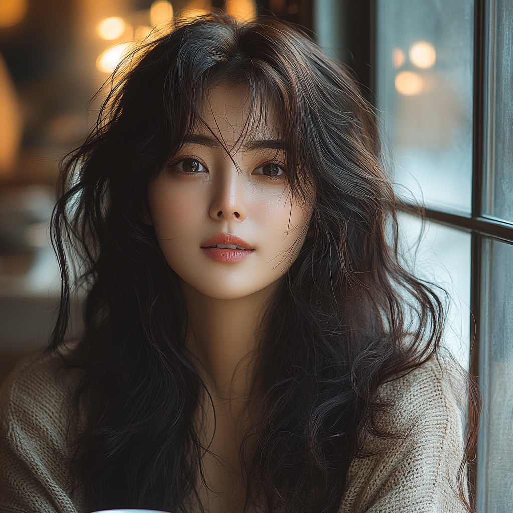 Calm Korean woman with coffee by window.