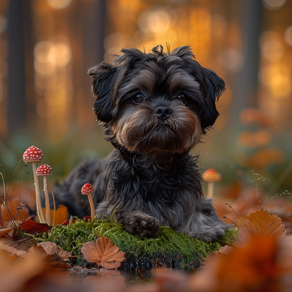 Calm black shih tzu dog surrounded by autumn leaves