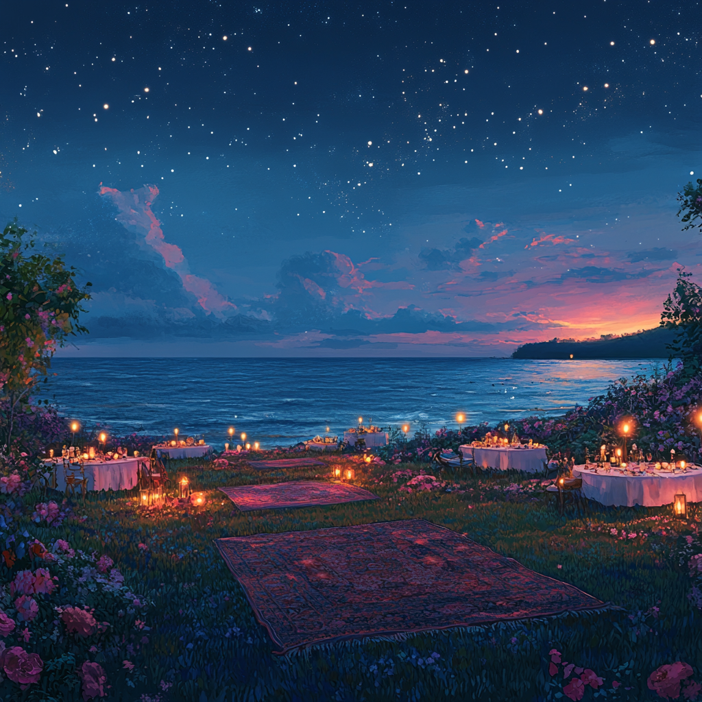 Calm evening with gentle lights, ocean view, floral tables.