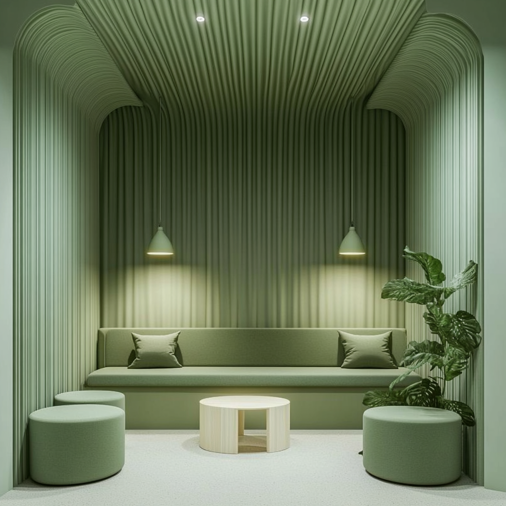 Calm green waiting room with white accents.