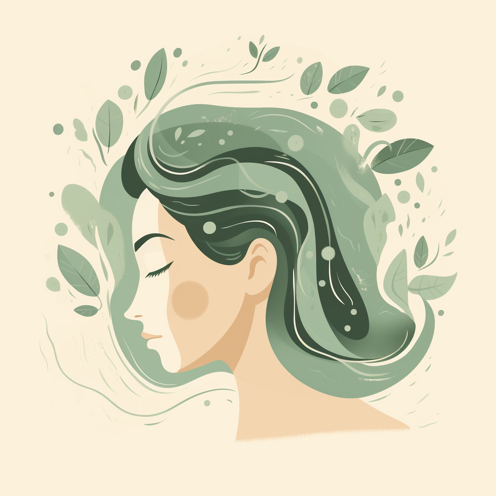 Calm scalp with flowing hair, leaves, water drops