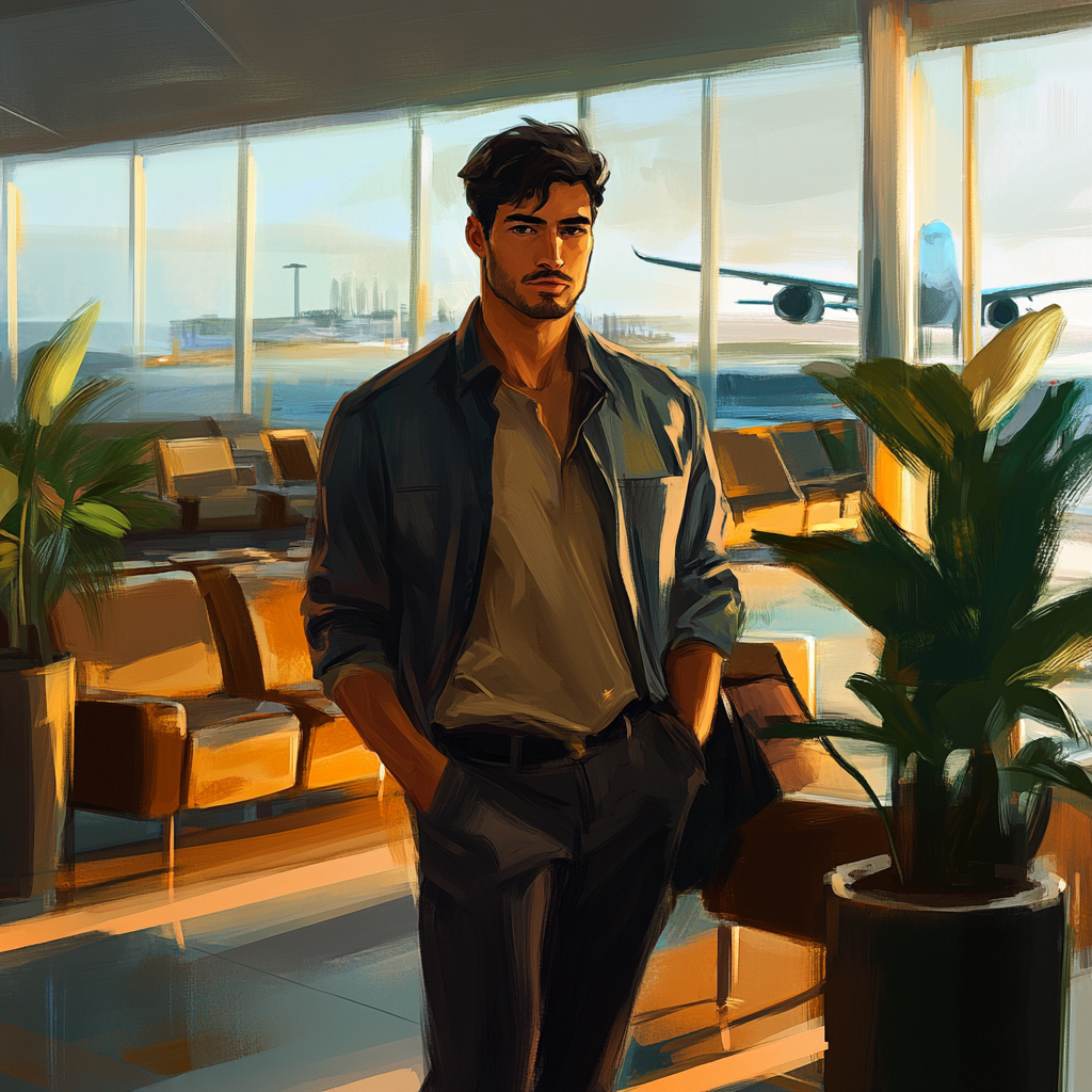 Calm traveler in cozy airport lounge painting