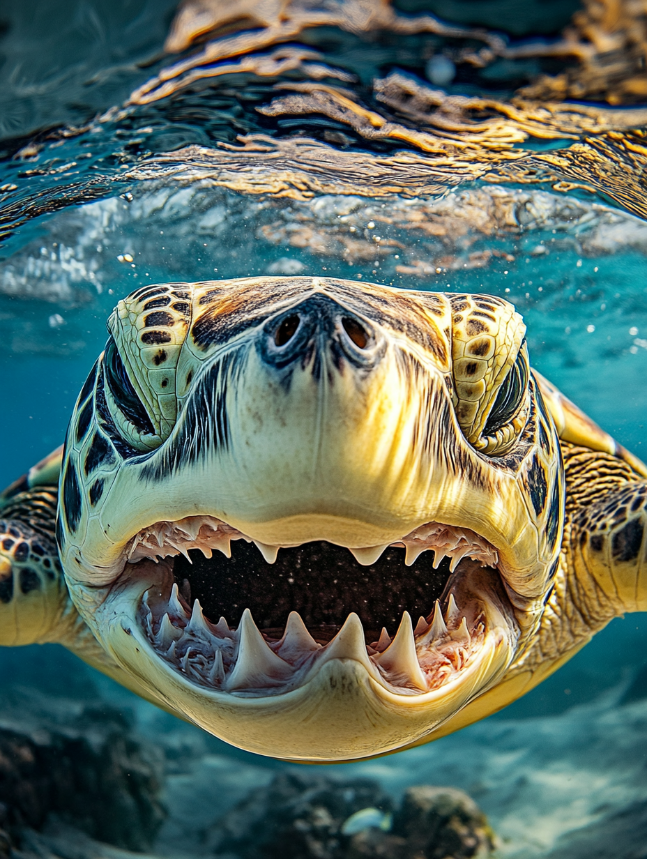 Calm turtle in shark's mouth, serene underwater scene