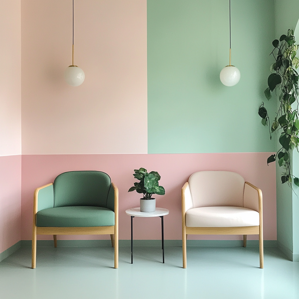 Calm waiting room with light green and pink.