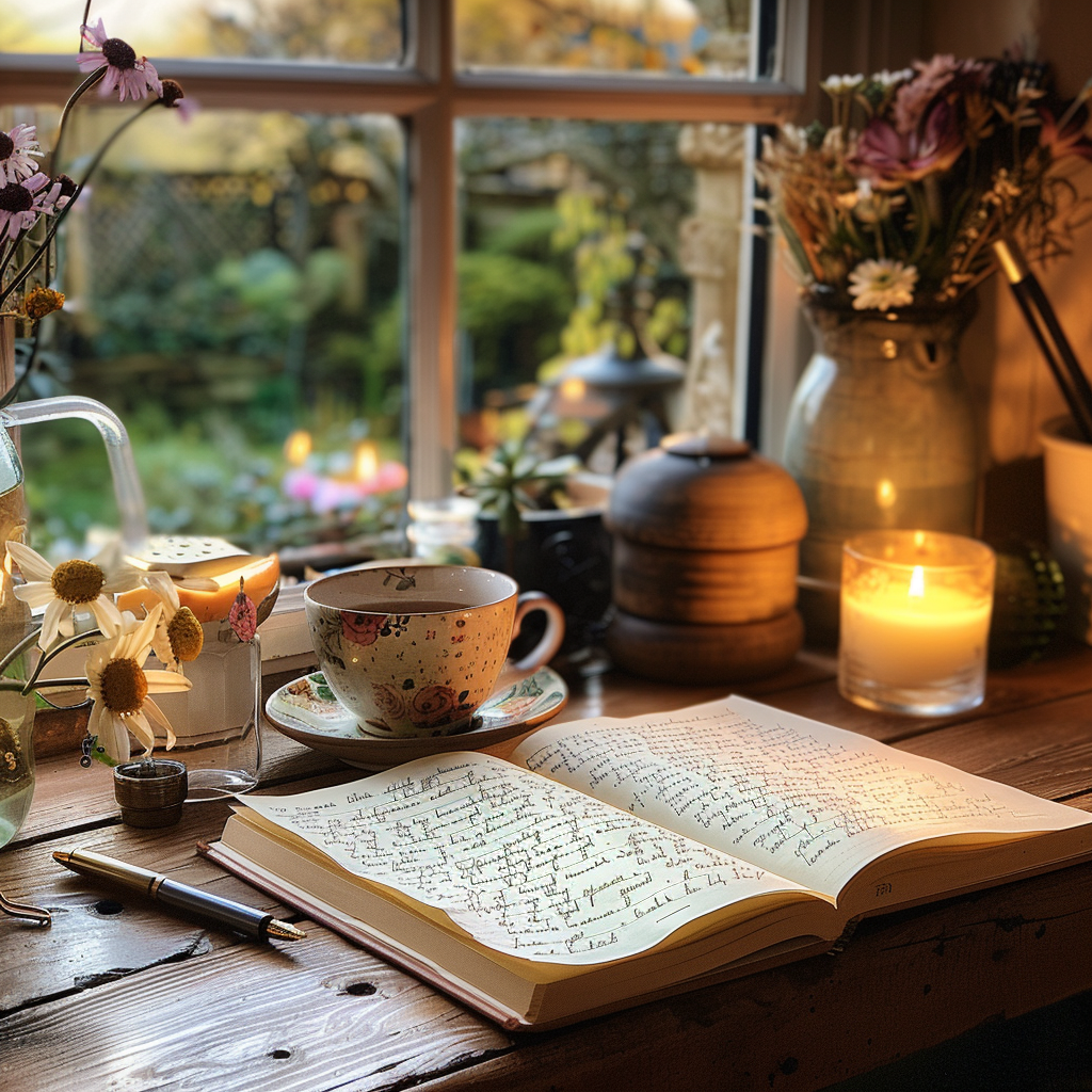 Calming gratitude journal on wooden desk with tea