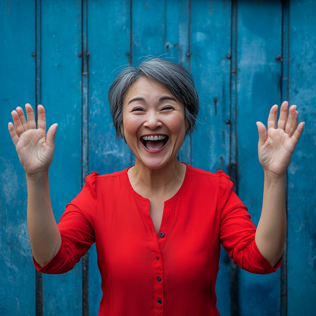 Camera lens captures joyful middle-aged woman celebrating win.