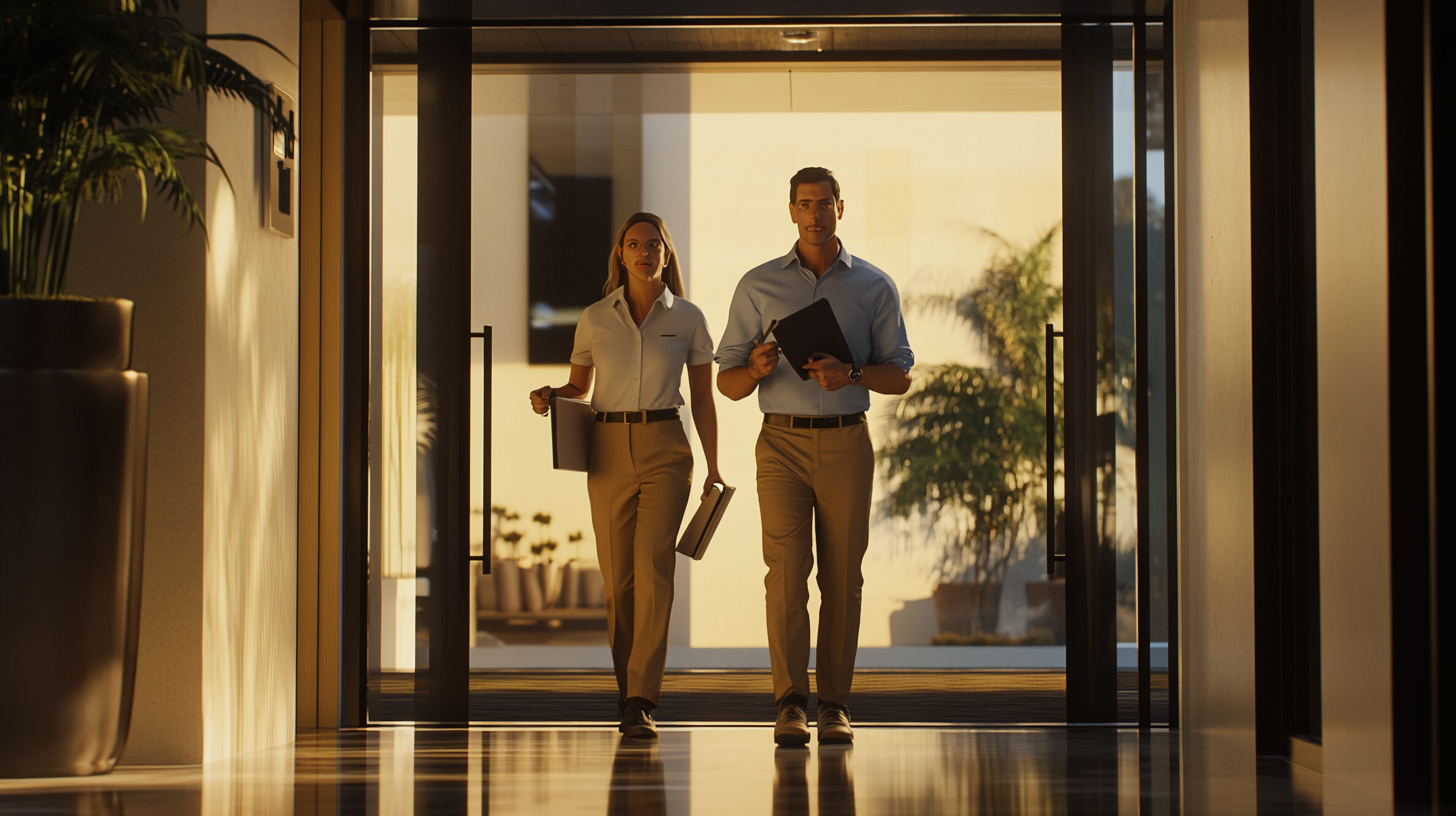 Camera shows office building, two people enter. Exec, caddy.