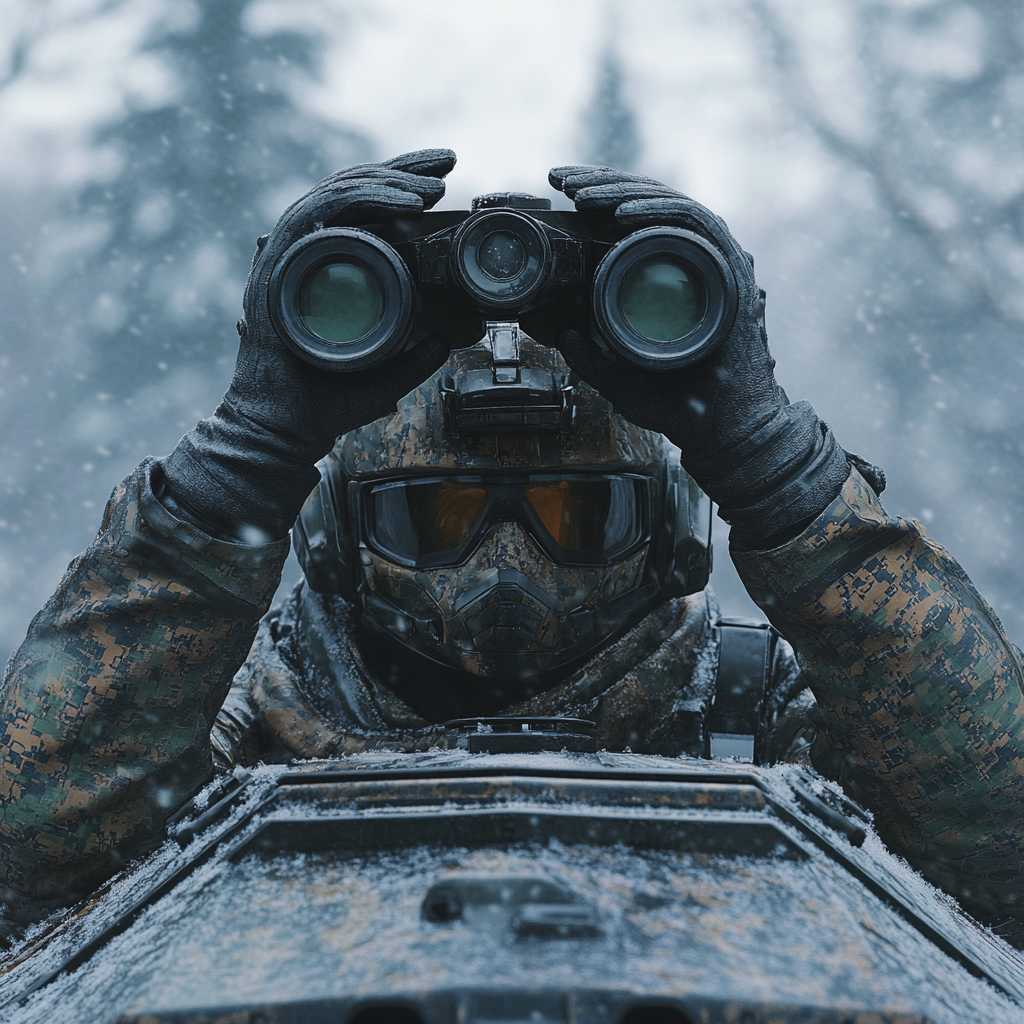 Camouflaged cyborg tank commander looks through binoculars