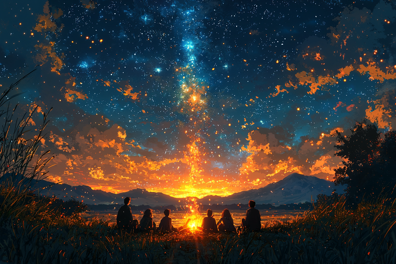 Campfire scene with vibrant colors, strong emotions and nostalgia.