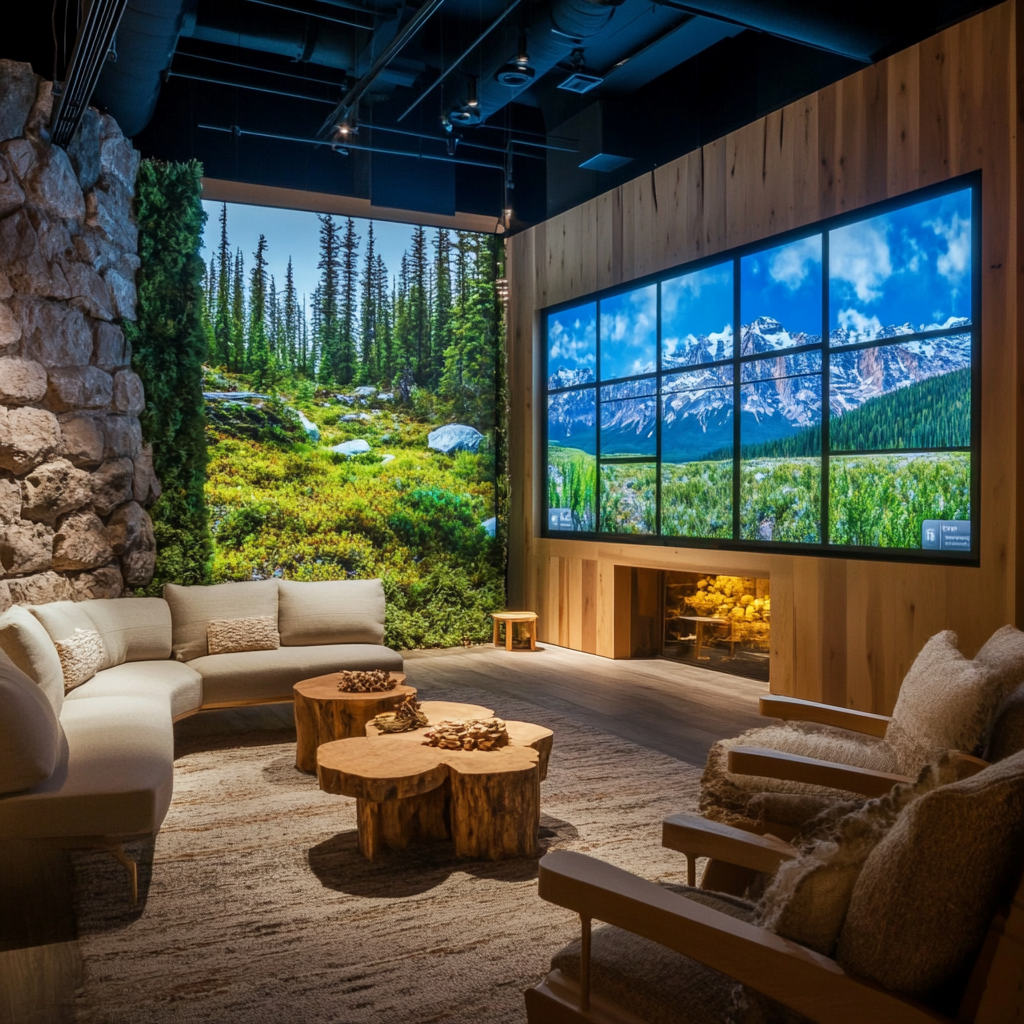 Canadian relaxation lounge with digital screens, eco-friendly ambiance.