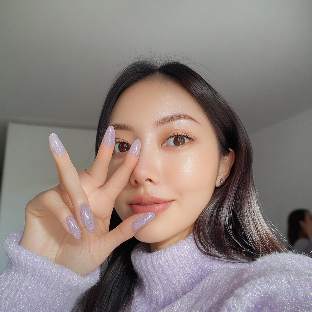 Candid Asian woman showing manicured lavender nails in selfie.