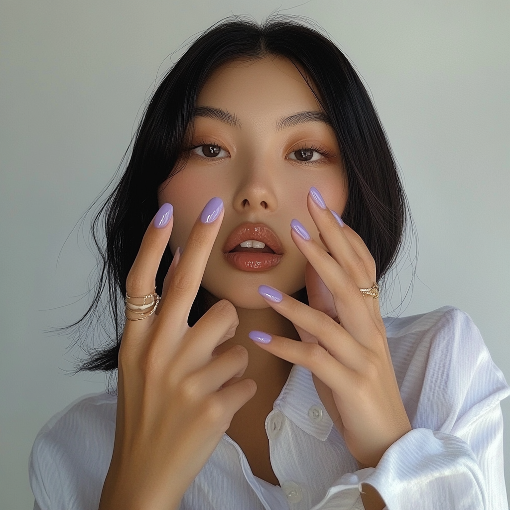 Candid Asian woman showing off new lavender nails.