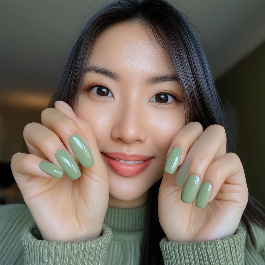 Candid Asian woman showing sage green painted nails.