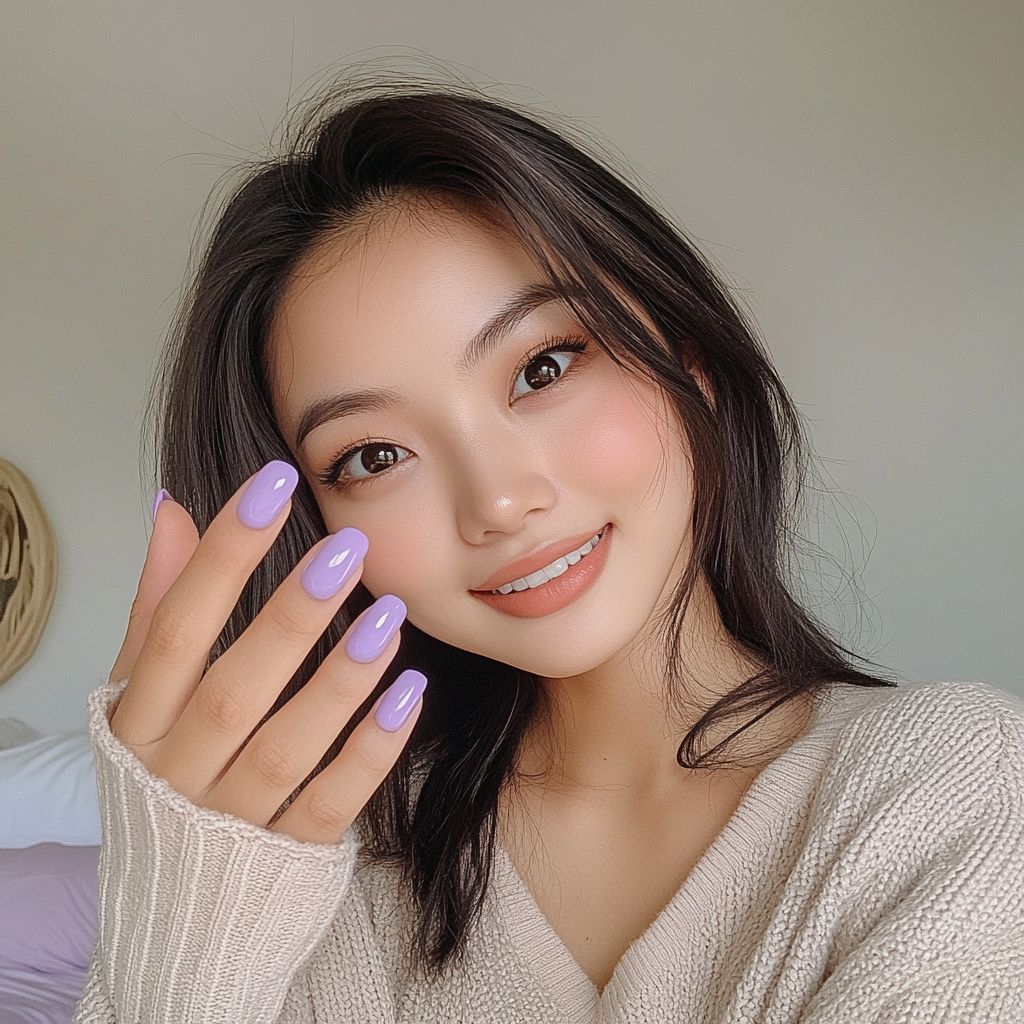 Candid Asian woman shows off new lilac nails.